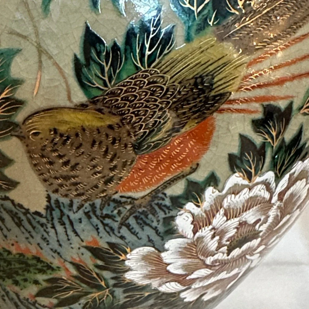 Satsuma Floral Bird Vase Home Decor 8 Green Excellent Crackle Glaze Peony Vntge